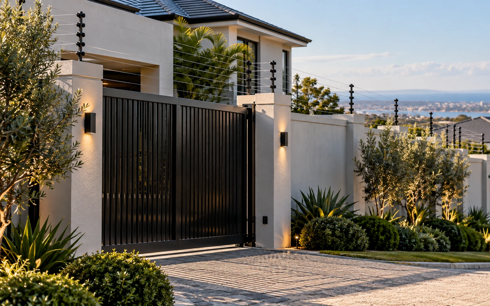 Premium coastal residential perimeter with electric fencing and automated gate
